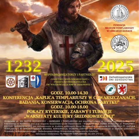 Powiększ obraz: rycerz w zbroi i tekst o wydarzeniu, logotypy organizatorów