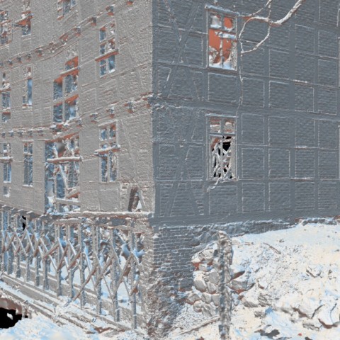 Powiększ obraz: Render monochromatyczny modelu fotogrametrycznego - widok od strony rzeki Drawy