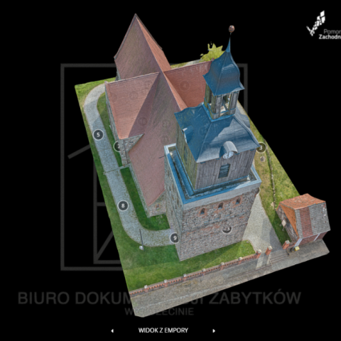Powiększ obraz: Kościół w Moryniu widziany z lotu ptaka, model 3D