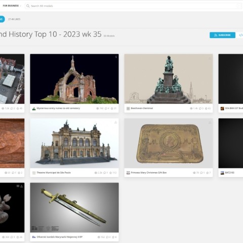 Powiększ obraz: Modele 3D:rynek miejski w Kołobrzegu,brama ruin cmentarza,pomnik Beethovena,rzeźba ręki Buddy,tumba Piotra z Bnina,teatr miejski w São Paulo,świąteczne pudełko księżniczki Marii,fragment maski,rzeźba Zenki i Koki, oficerski kordzik Marynarki Wojennej